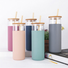 500ml tumbler High Borosilicate Straw Silicone Protective Sleeve Glass Water Bottle with Bamboo Lid